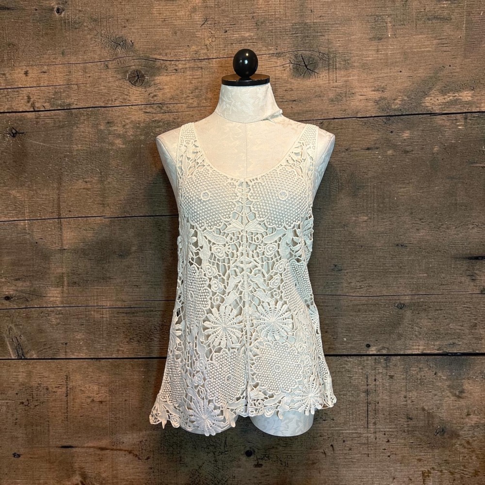 Tulle Crochet Lace Tank Top Sheer Knit Cream Ivory Boho Floral Sleeveless Sz S